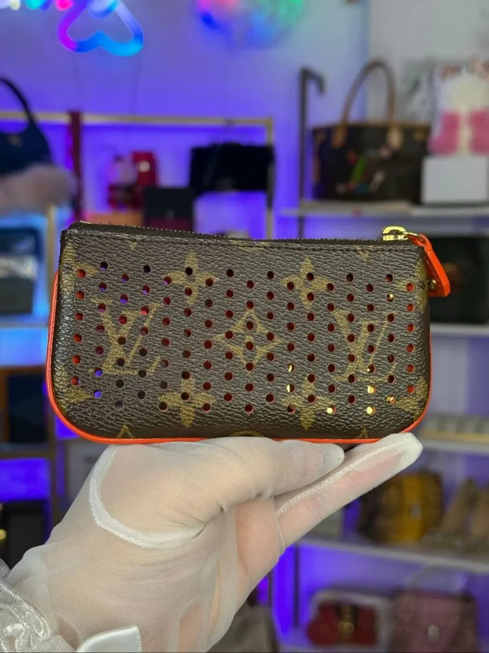 NIB Louis Vuitton Perforated Pochette Cles Orange Monogram Canvas Leather Wallet